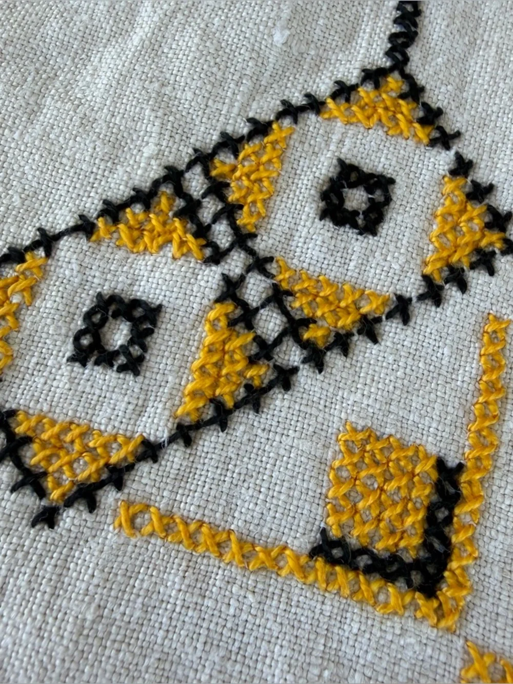 VTG Traditional Geometric Folk Cross Stitch Linen Tablecloth Black Yellow 47x64